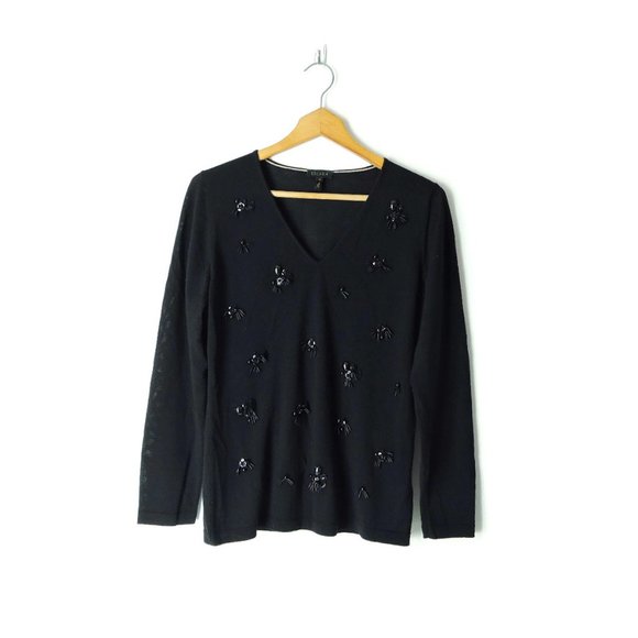 Escada black V-neck jewel embellished Virgin Wool sweater top size M made Italy - Picture 3 of 13